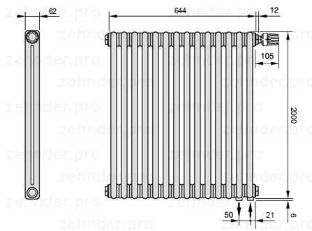 Схема (чертеж) Радиатор Zehnder Charleston 2200/14 №V002 Белый глянцевый RAL 9016
